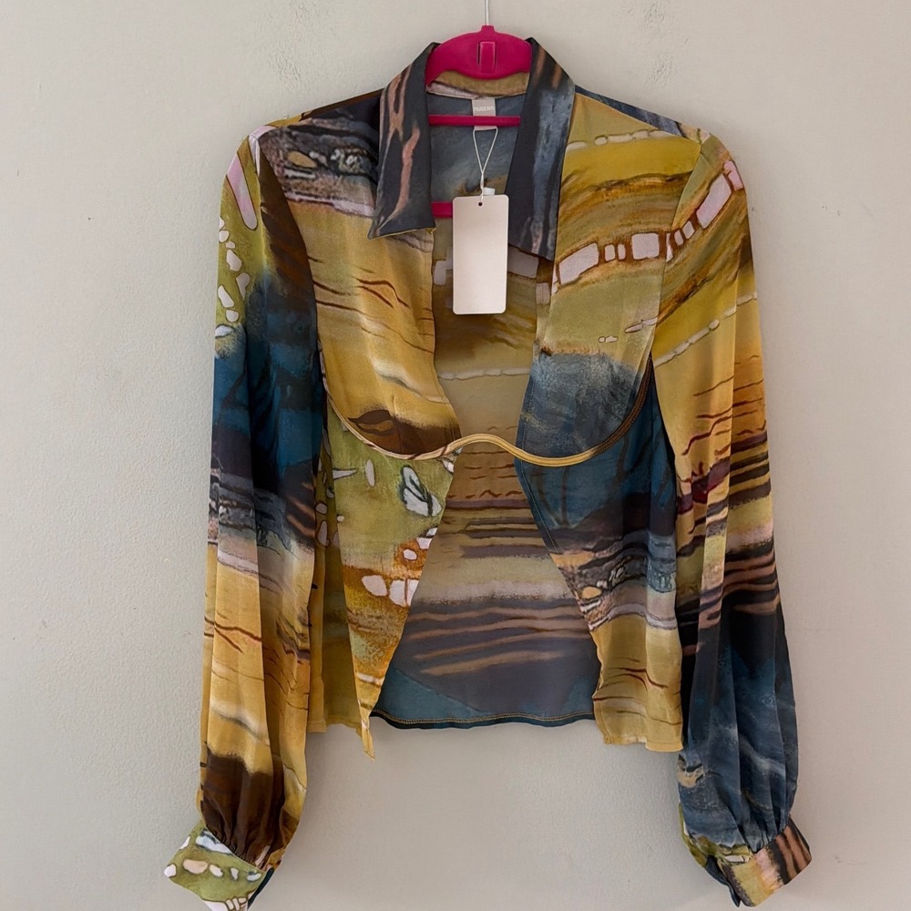 Musera Sheer Abstract Landscape Wired Open Front Long Sleeve Top Small - Picture 3 of 10